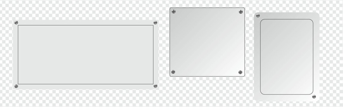 Metal plates. Steel plate, stainless panel chrome tag with screws. Industrial technology metallic blank realistic
