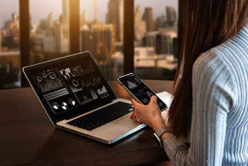 Coding software developer work with augmented reality dashboard computer icons