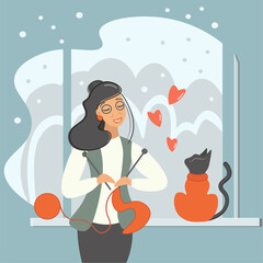 A mature woman knits warm clothes at home. Outside the window is a snowy winter, a beautiful picturesque landscape. An elegant lady in a cozy house talks cutely with a cat. Flat vector in blue tones.