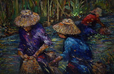 Art painting Oil color Hut northeast Thailand Countryside , hand fishing 