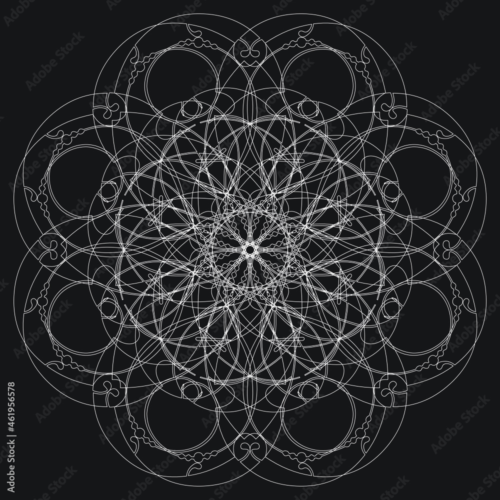 Wall mural Complex spirograph or mandala design in intricate white outlines creates a decorative round shape on a black background