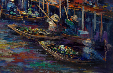 Fototapeta na wymiar Art painting Oil color Floating market Thailand , countryside