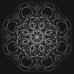 Complex spirograph or mandala design in intricate white outlines creates a decorative round shape on a black background