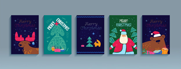 Merry Christmas set of posters, greeting cards, flyers. Happy New Year cute cartoon illustration. Vector