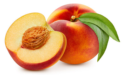 Juicy peach isolated on the white background. Fresh peach and leaf. Clipping path peach. Peach macro studio photo