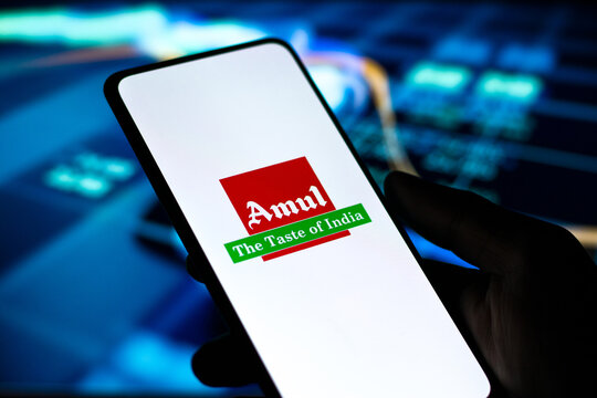 West Bangal, India - October 09, 2021 : Amul logo on phone screen stock image.
