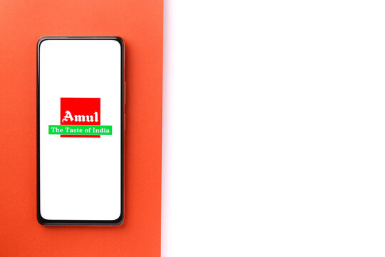 West Bangal, India - October 09, 2021 : Amul logo on phone screen stock image.
