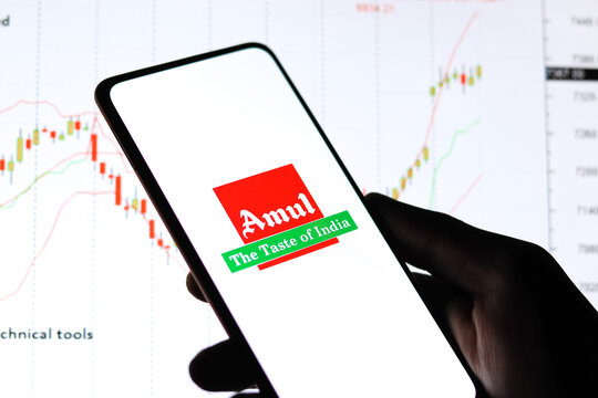 West Bangal, India - October 09, 2021 : Amul logo on phone screen stock image.
