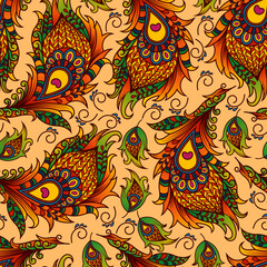 Vector ethnic Wallpaper. Seamless colorful background with ethnic elements. Pattern with decorative peacock feathers, indian style.