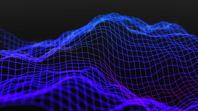 Blue glowing grid representing a 3 dimensional waveform with peaks and dips. Shallow depth of field.   3d illustration,