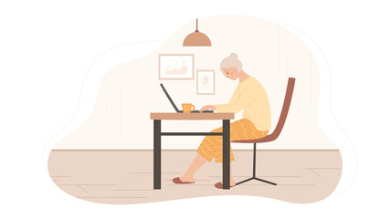 Grandmother with laptop. Elderly woman sitting at the table and watching in the computer. Female at cozy home. Happy character use gadget. Vector illustration.