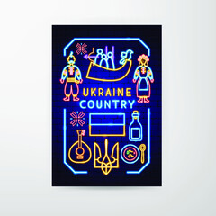 Ukraine Country Neon Flyer. Vector Illustration of Promotion.