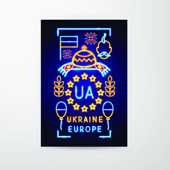 Ukraine Europe Neon Flyer. Vector Illustration of National Promotion.