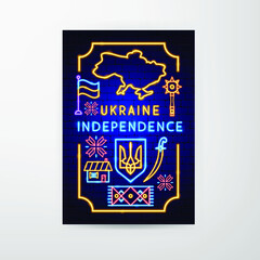 Ukraine Independence Neon Flyer. Vector Illustration of Country Promotion.