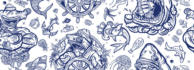 Sharks. Sea wolf, captain in the sea, sailor at helm. Old school tattoo seamless pattern. Jellyfish, anchor, underwater life. Strong hammerhead shark fish - obrazy, fototapety, plakaty
