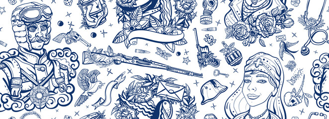 World War One. Old school tattoo seamless pattern. Military pilot in uniform, beautiful nurse, letter swallow, weapon. Love of soldier. WW1. People, history and battles. Traditional tattooing style