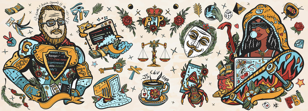 Programming and hacking. Old school tattoo collection. Superman programmer and African American woman hacker. Anonymous mask, night coding, dark Internet, web software development, cybercrime
