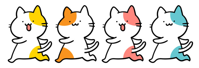 一列に並んで行進するかわいい手描き風ねこたちのイラスト