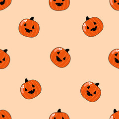 Hand drawn seamless pattern of cute pumpkins. Flat illustration on pink background.