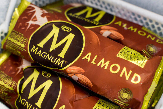 Magnum ice-cream with almonds for sale at a convenience store or supermarket.