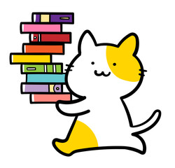 たくさんの本を持ち運ぶかわいいねこの手書き風イラスト