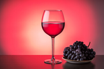 Glass of red wine with grapes on plate on red bacground with copy space. Tasting of wine concept.