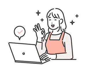 在宅ワークでパソコンを使って作業をする主婦の女性のイメージイラスト素材
