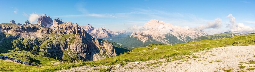 Panoramic view at the Mountains from the road to Tre Cime di Lavaredo in Dolomites - Italy