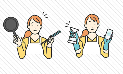 フライパンを持って調理する女性と掃除用具を手に持って掃除をする女性のイメージイラスト素材