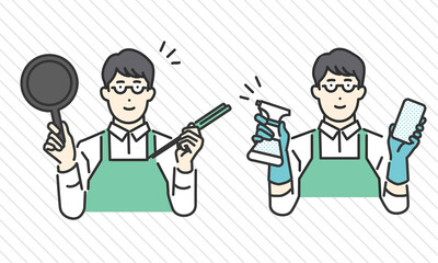 フライパンを持って調理するポーズと掃除用具を手に持って掃除をする男性のイメージイラスト素材