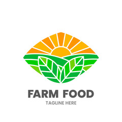 Farm Food logo template. Abstract sun, field and leaves. Stock vector illustration.