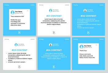 Microblog carousel slides template for instagram. Six pages with sky blue quote status theme.