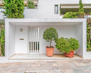 Fototapeta na wymiar modern design family house front entrance with potted plants and metallic door 