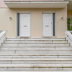 contemporary house front entrance marble stairs to double doors, Athens Greece