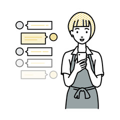 立ってスマートフォンで楽しくチャットで会話するカフェ店員の女性