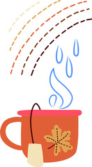 Vector autumn card. A ready-made cozy composition: a mug of tea and an autumn rainbow. Bright postcard background.