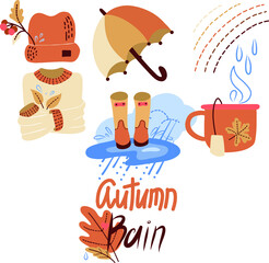 Vector set of autumn icons: sweater, falling leaves, tea mug, boots, hat, cloud. Collection of scrapbook autumn rain. Bright background. Autumn postcard