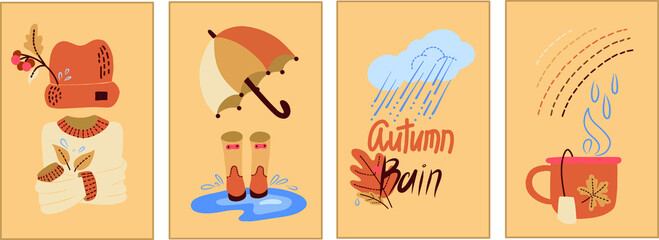 Vector set of autumn posters. Ready-made autumn compositions. Collection of scrapbook autumn rain. Bright background.