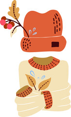 Vector autumn card. A ready-made cozy composition: hat and sweater.