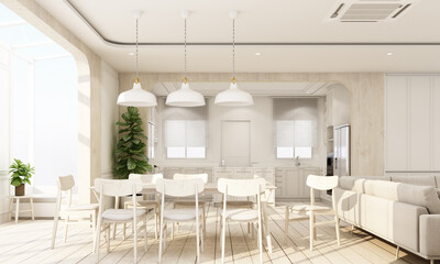 Indoor interior on wooden floor with white classic feature wall in large room at minimal house and sky light window of living dining and kitchen room with furniture set in cozy style 3d rendering