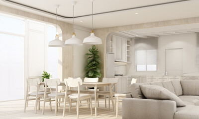 Indoor interior on wooden floor with white classic feature wall in large room at minimal house and sky light window of living dining and kitchen room with furniture set in cozy style 3d rendering