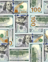 100 dollars seamless pattern from the laid out American banknotes. Texture for gift paper or fabric.
