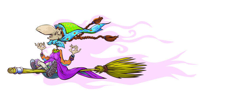 Cartoon of a slavic witch (Baba Yaga) flying on a broom in yoga pose.