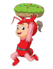 The girl with the ant costume is stealing the doughnut