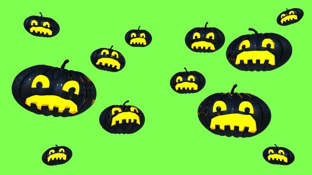3D rendering 360 degree seamless rotation of Halloween jack-o-lantern pumpkins with funny faces on one side and scary ones on the other side, on the background of chromakey, for parties and events