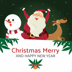 Santa claus with reindeer and snowman, marijuana leaf.