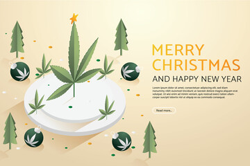 Marijuana leaf tree with christmas ball on podium.