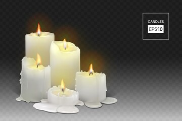 Fototapeta na wymiar Set of realistic burning white candles on a transparent background. 3d candles with melting wax, flame and halo of light. Vector illustration with mesh gradients. EPS10.