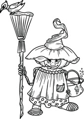 Character for Halloween pumpkin witch. Character with a broom, a bird and a cauldron. Linear drawing. Vector graphics.