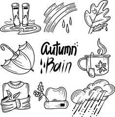 Linear drawing elements set. Autumn rain theme. elements of autumn clothes, paraphernalia, water. Lettering in the title. Vector graphics